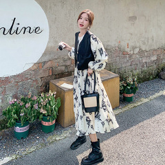 実拍茶休フランス復古砕花ワンピースセット女性2025春秋新高級感馬甲2点セット