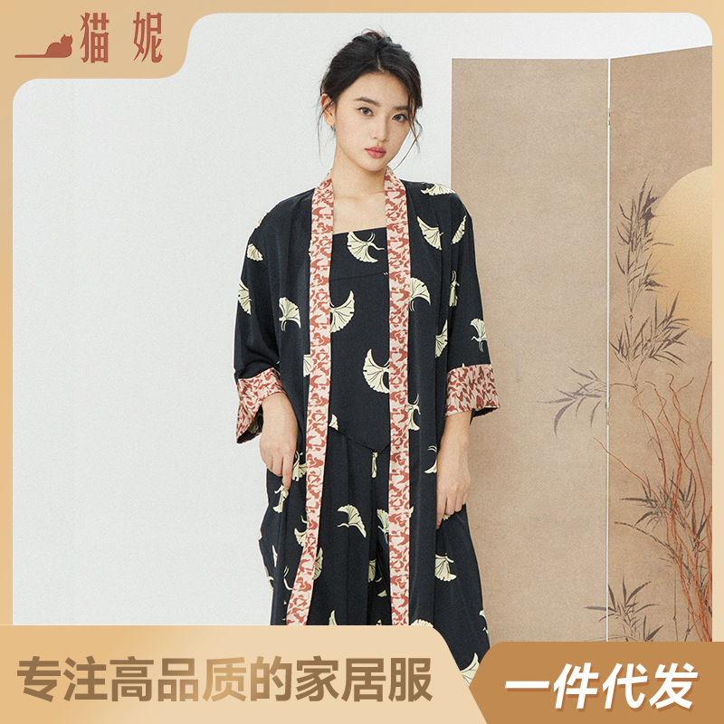 New Spring and Autumn Women's Ice Silk Pajamas New Chinese Style High-end Nightgown Home Wear Outer Wear Three-piece suit Wholesale