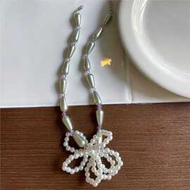 Potato设计感 浅绿色珍珠编织花朵项链颈链女锁骨链