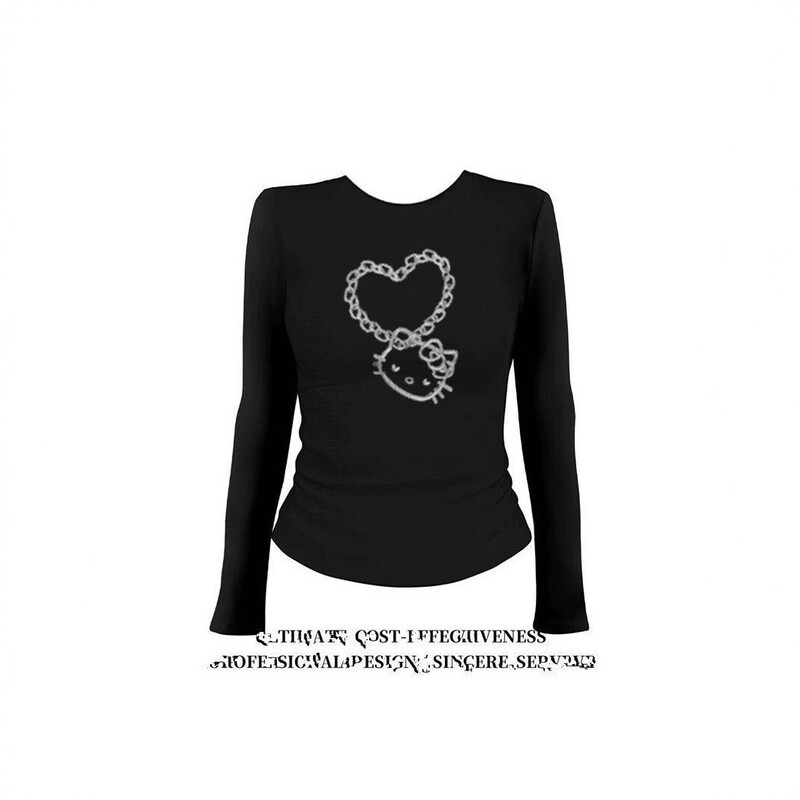 Spring and Autumn New Sweet and Cool Girl's Heart-Shaped Hello Kitty Print Long Sleeve Slim Fit Black T-Shirt for Women
