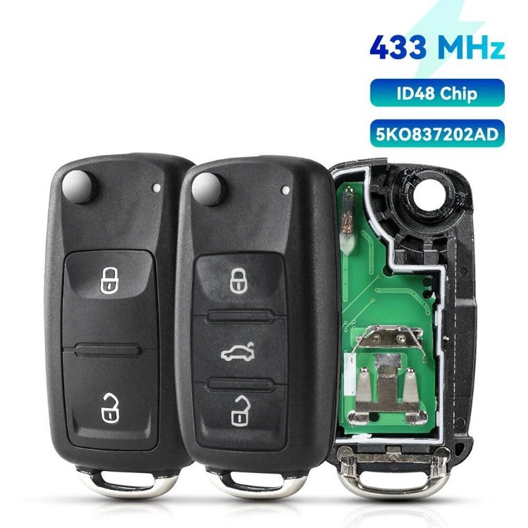Suitable for Volkswagen 3-Button Car Key Shell, Car Key Remote Control Key, 202Ad+433 Frequency Id48 Chip