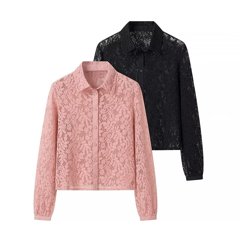 Foreign trade 2024 autumn new European and American style women's fashion long sleeve shirt collar single-breasted lace short shirt