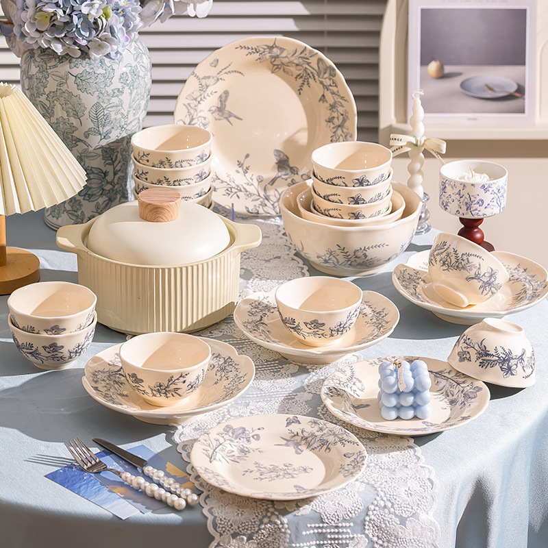 Dish Set for Home Use 2025 New Style Bowls, Plates and Chopsticks Accessible Luxury High-End Appearance Bowls for Moving into New Home Ceramic Tableware