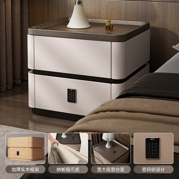 Mesita de noche de madera maciza con cerradura de combinación, caja fuerte, lujo ligero, sensación de alta gama, 2025, estilo caliente, dormitorio doméstico, armario de almacenamiento