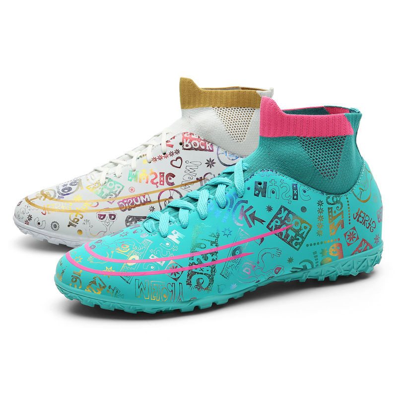 2023 más tamaño nuevo graffiti cómodo zapatos de fútbol de los hombres transpirable de alta superior roto zapatos de fútbol zapatos de entrenamiento de hierba