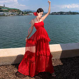 法式飘逸夏日绝美复古红色吊带裙女荷叶边海边度假绝美超仙大摆裙