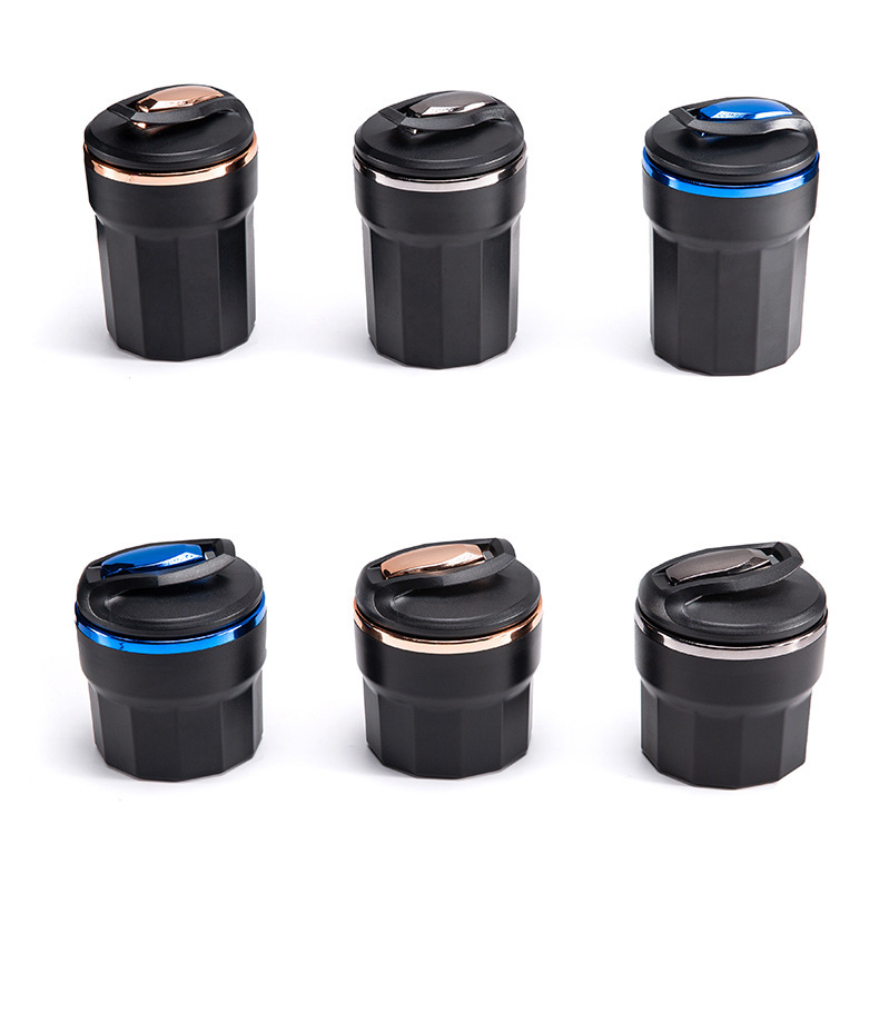 Car ashtray with LED blue light that illuminates when the lid is opened, removable and washable inner liner, metal flame-retardant car ashtray