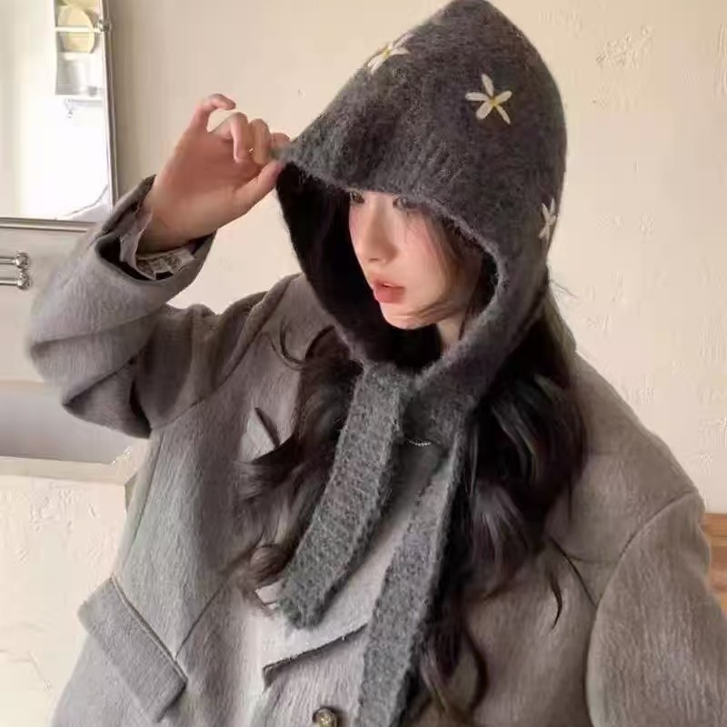 复古小花红色巴拉克拉法帽女冬季针织毛线帽保暖显脸小护耳帽子|undefined