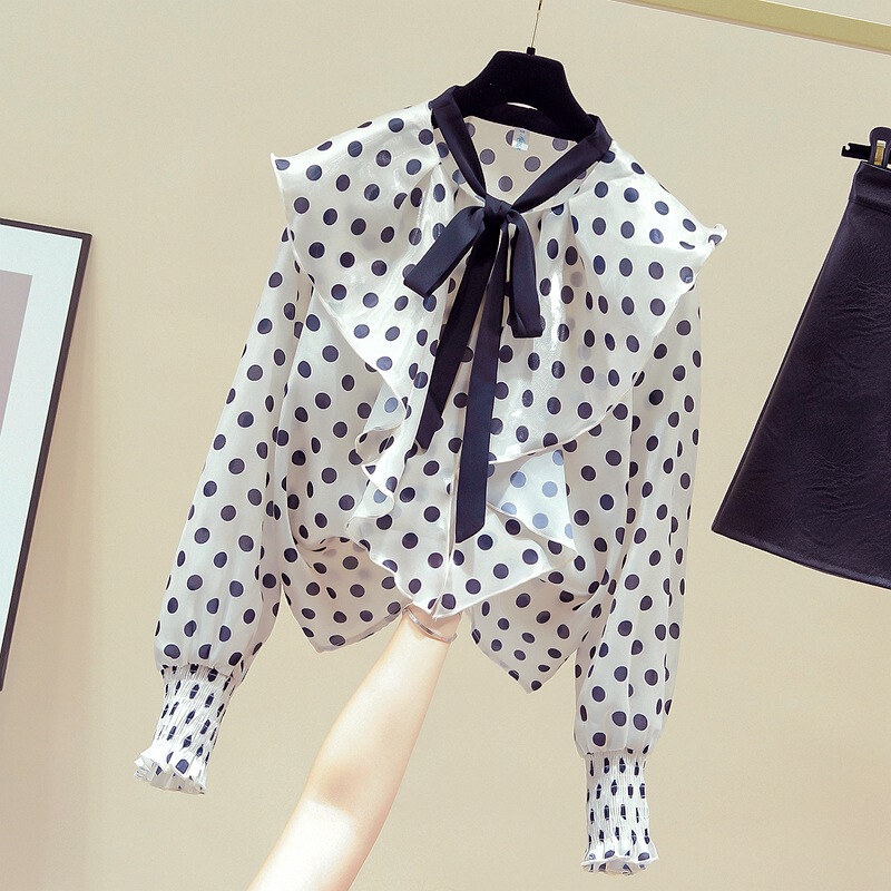 Design Style Led Lotus Leaf Lace Lantern Sleeve Western Style Retro Wave Dot Niche Shirt Women's 2024 Early Autumn New