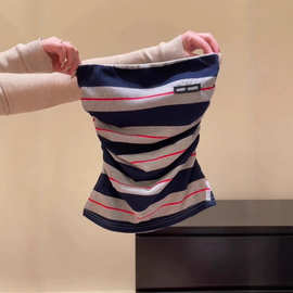 美式复古条纹小众抹胸背心女辣妹带胸垫夏季弹力减龄上衣