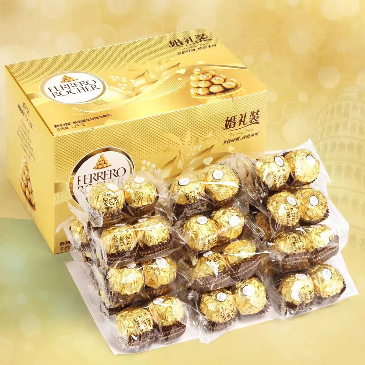 Wedding Chocolate Box Ferrero Rocher, 96 pieces, gold gift packaging