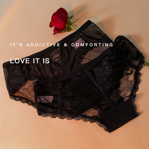 New Arrival Lace Edge Sexy Mesh Gauze Spliced Underwear Low-Waisted Semi-Transparent Tempting Hip-Hugging Triangle Pouch for Women