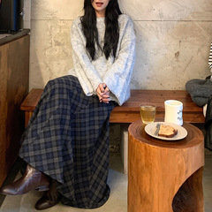 DaqianwithU 斜纹蓝灰格纹磨毛半身裙女2025新款秋冬加厚A字裙