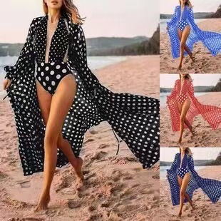European and American Bohemian Vacation Cardigan Bikini Suit Polka Dot Beach Chiffon Blouse Swimsuit Women's Vacation Style