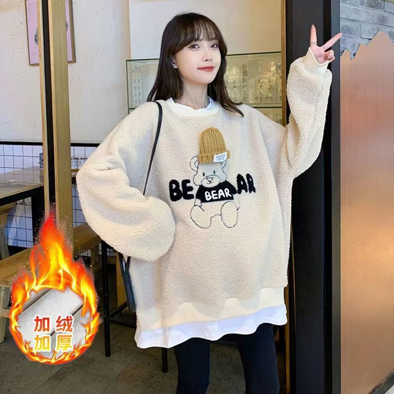 임산부 가을 겨울 의류 정장 스웨터 그물 레드 램 울 플러스 벨벳 두꺼운 바닥 착용 가짜 투피스 임산부 최고 트렌드