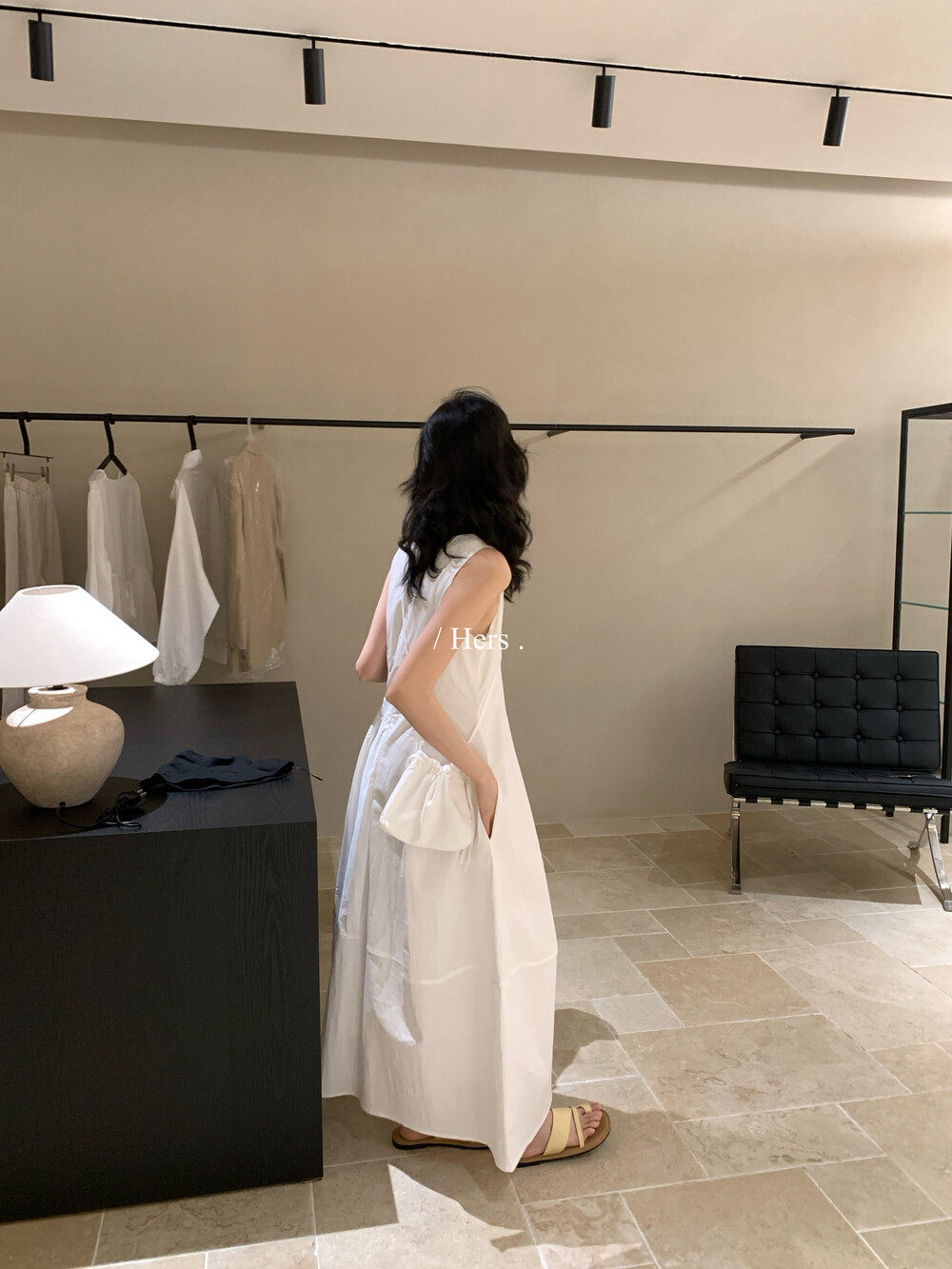 Đầm maxi nữ thắt eo không tay phong cách Pháp tối giản — Cam trần, màu trắng chi tiết 13