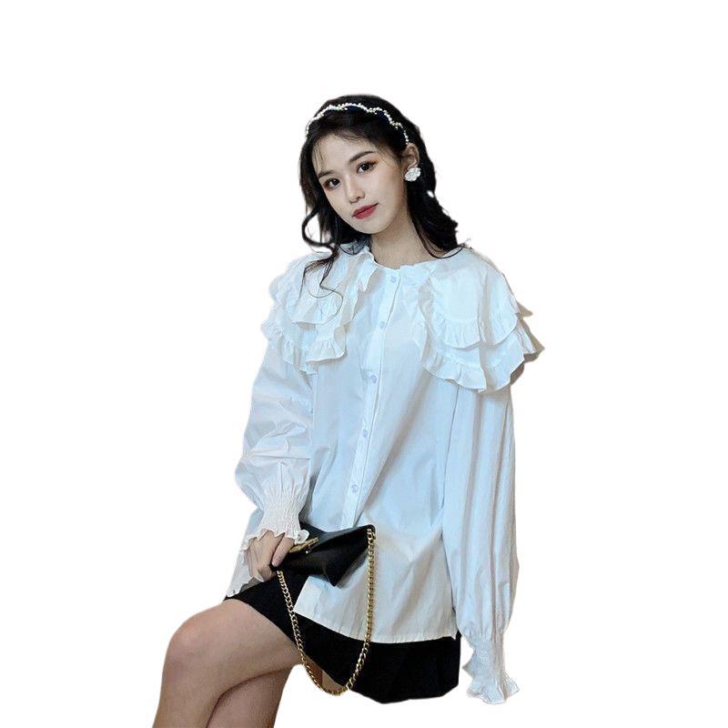 가을 2024 새로운 스타일 레트로 우아한 디자인 센스 탑 웨스턴 스타일 더블 레이어 로터스 칼라 긴 소매 셔츠 트렌디 화이트