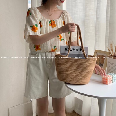 十三行韩版新款法式复古气质泡泡袖圆领百搭薄款碎花雪纺衫上衣女|ms