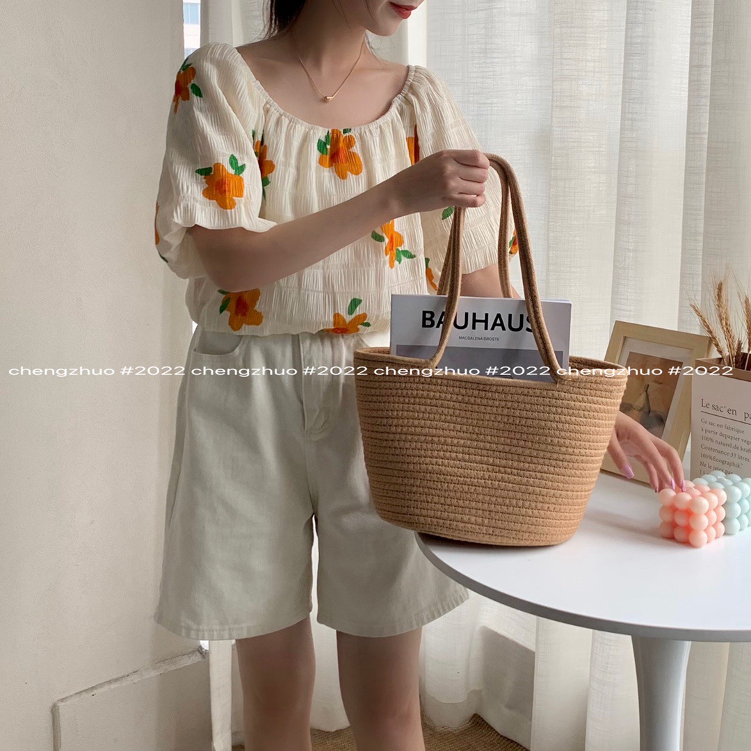 十三行韩版新款法式复古气质泡泡袖圆领百搭薄款碎花雪纺衫上衣女|ms