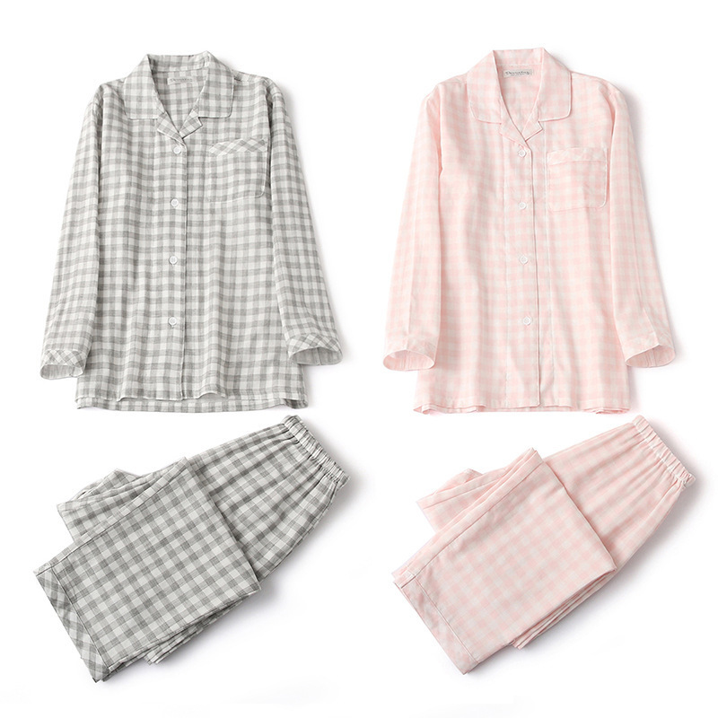 Japanese-Style Double-Layer Gauze Pajamas Spring Pure Cotton Plaid Muji Sleepwear Long-Sleeve Loungewear Set Japanese-Style Double-Layer Gauze Pajamas Spring Pure Cotton Plaid Muji Sleepwear Long-Sleeve Loungewear Set