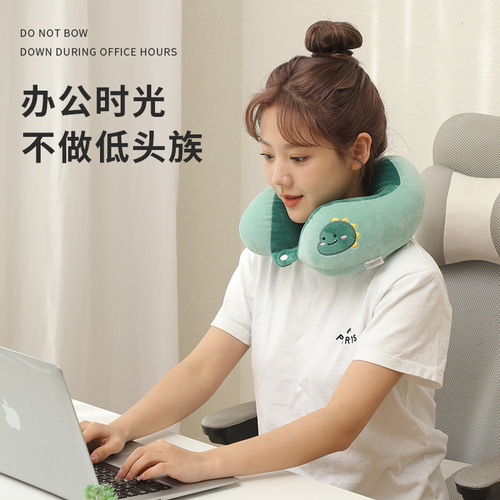 Camelback U-shaped Green Dinosaur Embroidered Cervical Pillow PP Cotton Travel Pillow Office Cervical Pillow with Printed Logo Wholesale