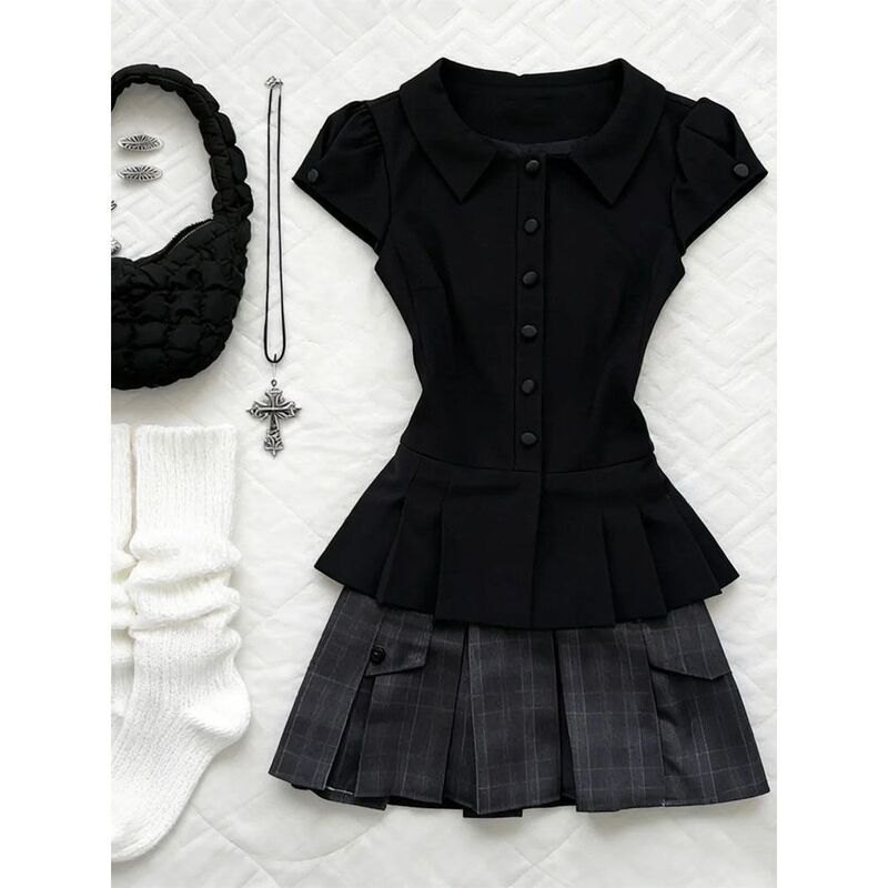 【Etched Black Dream】Vintage Doll Collar Summer Slim-Fit Short-Sleeve Top + Short Skirt Two-Piece Set for Girls 【Etched Black Dream】Vintage Doll Collar Summer Slim-Fit Short-Sleeve Top + Short Skirt Two-Piece Set for Girls
