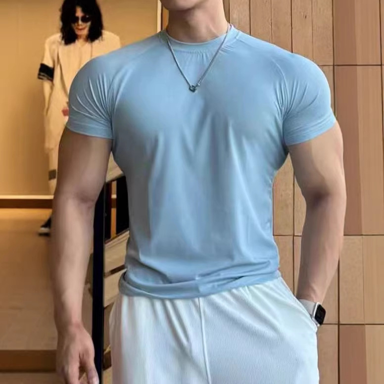 夏季美式短袖方格质感冰丝凉感男士运动跑步训练速干纯色圆领T恤