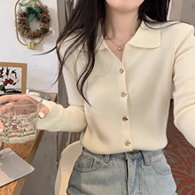 别致polo领纽扣针织羊毛衣外套秋chic法式复古内搭长袖上衣女开衫