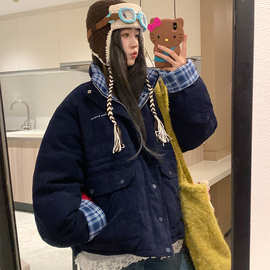 韩系复古棉服女2025冬季新款棉衣灯芯绒棉袄假两件格纹学生厚外套