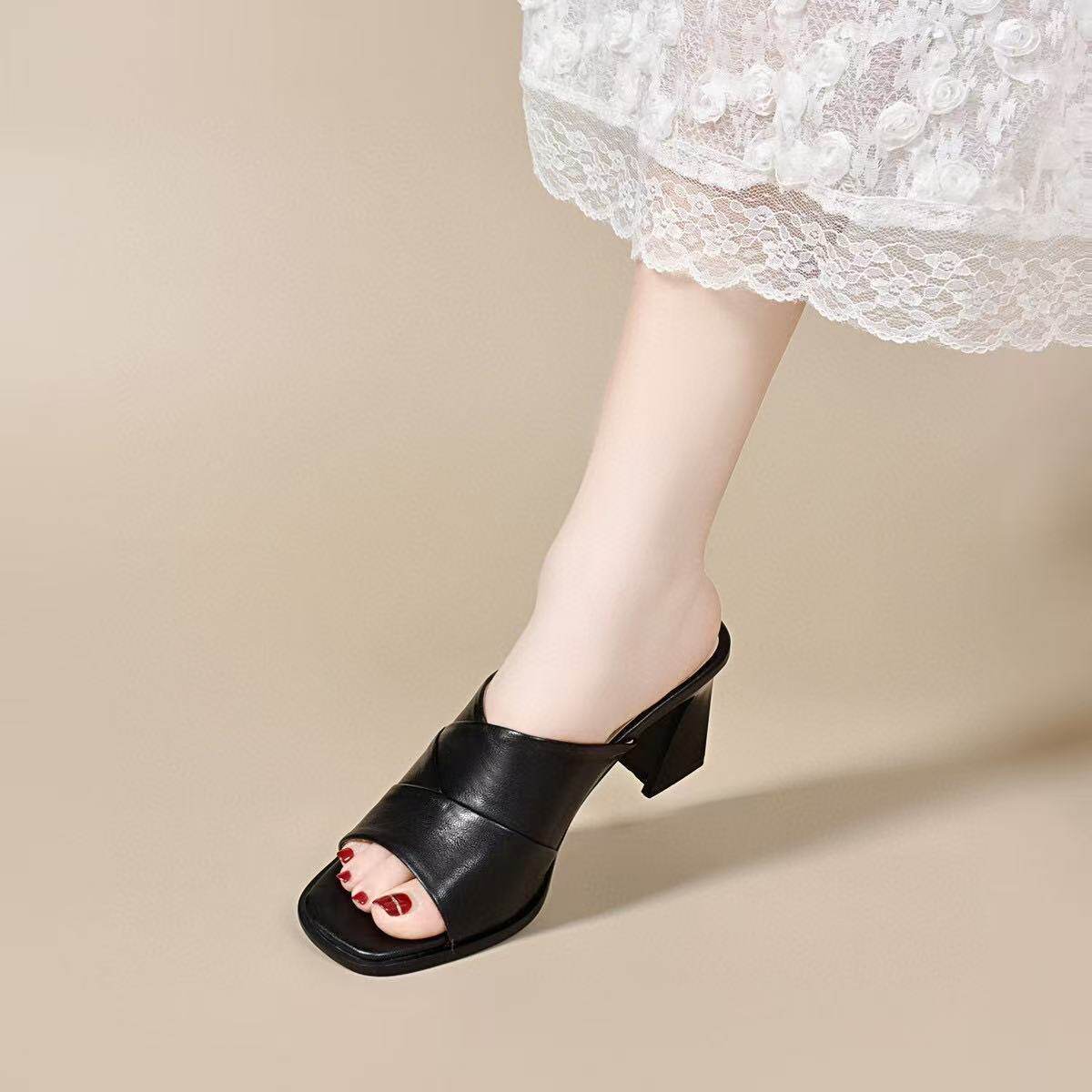 Sandal peep toe nữ gót vuông da thật đế mềm chống trượt — màu be chi tiết 6