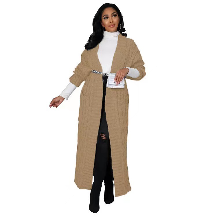 2025 nuevo otoño e invierno Amazon ropa de mujer europea y americana moda bolsillo cárdigan casual suéter de manga larga largo color sólido exterior