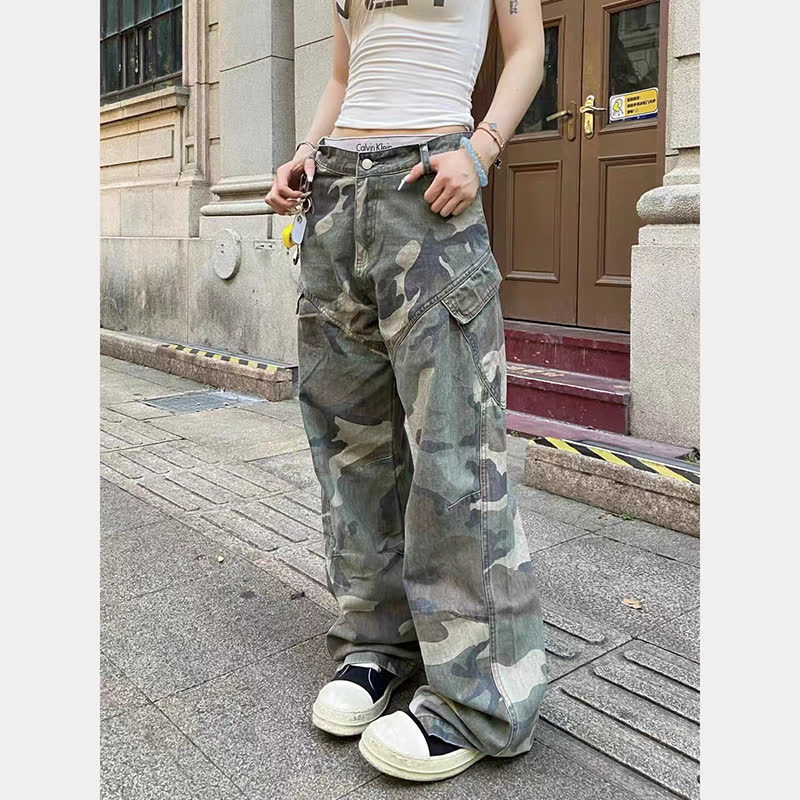 Teenager Daily Straight American Style Retro Camouflage Pocket Crowdsuit Pants Loose Wide Leg Straight Casual Long Pants