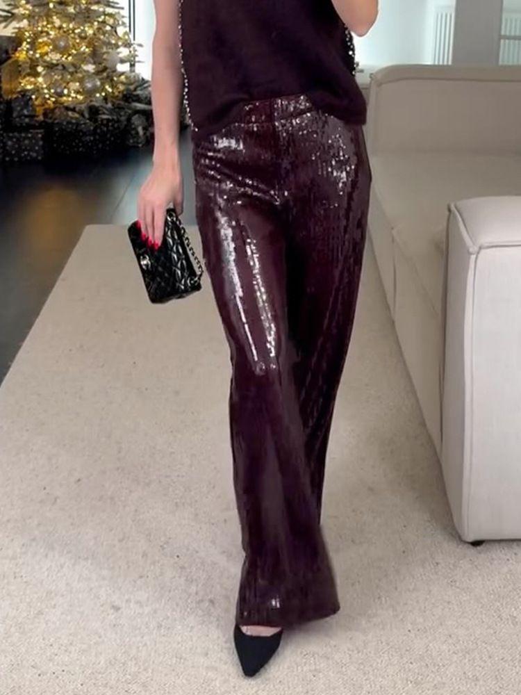 Temperamento de color sólido, pantalones de piernas anchas de lentejuelas, 2025 primavera y otoño, nuevos pantalones de mujer, moda suelta, estilo europeo y americano transfronterizo.
