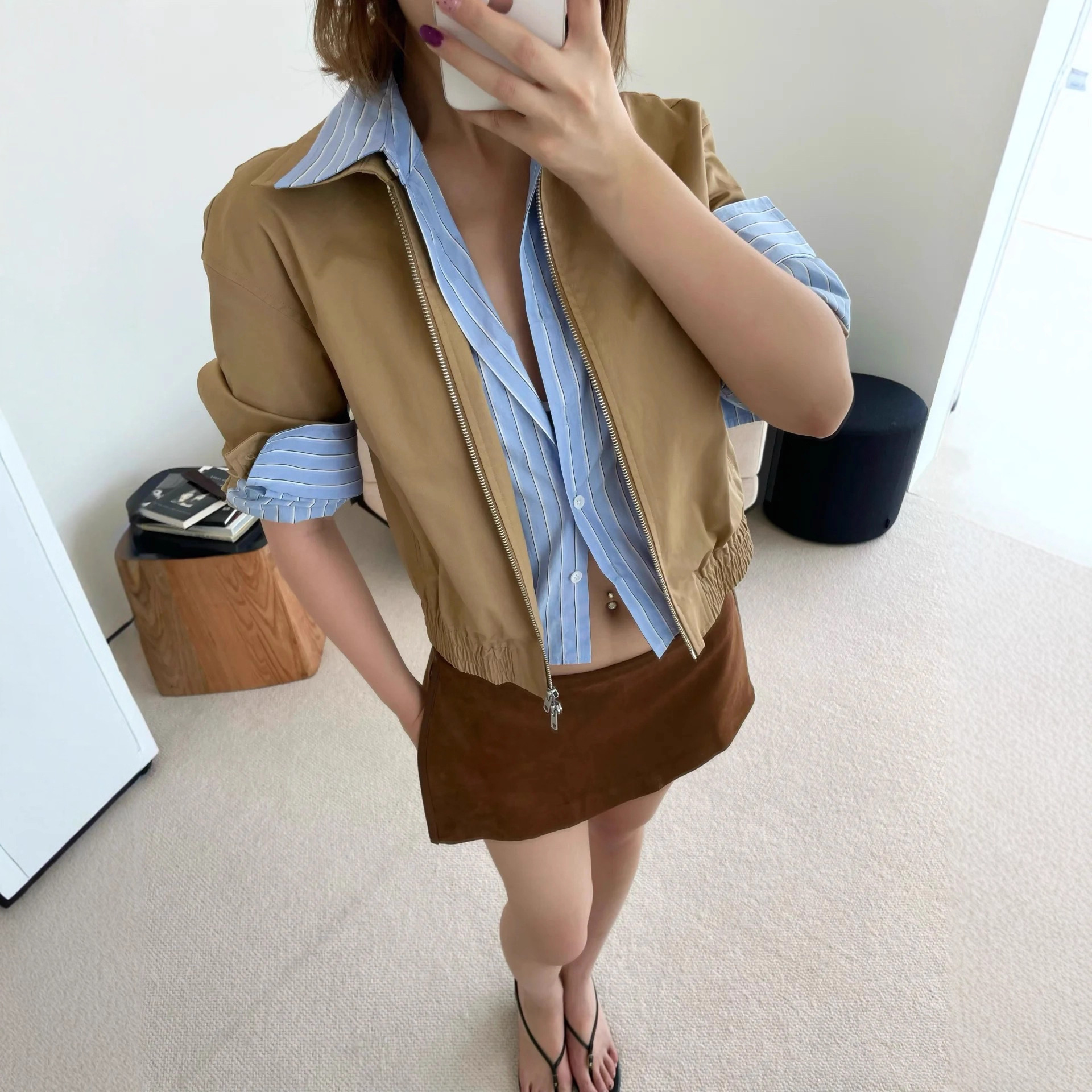 Discounted Clearance In-Stock Fake Two-Piece Color-Block Striped Patchwork Turn-Down Collar Jacket Trendy Short Jacket Shirt Collar Long-Sleeve Coat for Women
