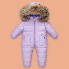 宝宝连体羽绒服男童女童1-6岁外出大毛领婴儿加厚羽绒连体衣冬款