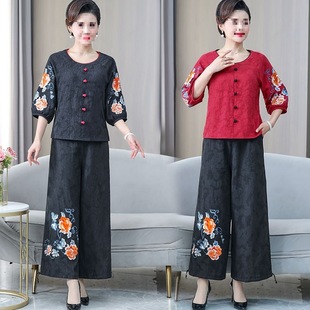 Mom's Summer Ethnic Style Cotton and Linen Short-Sleeved Middle-Aged Women's Embroidered Three-Quarter Sleeve Loose Top T-Shirt Wide-Leg Pants Suit