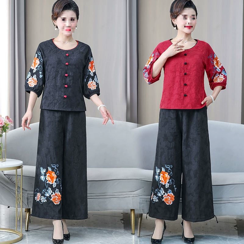 Летний женский костюм из хлопка и льна в этническом стиле для мамы с короткими рукавами и вышивкой для женщин среднего возраста, свободный топ с рукавами три четверти, футболка, широкие брюки, костюм