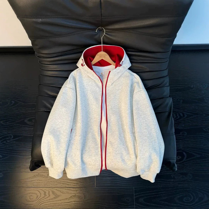 Men's hooded cardigan sweatshirt, autumn American retro color-block design, sporty outerwear with a high-end feel, baseball jacket