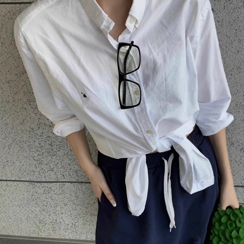 Rl Laff Pony Logo Embroidery In-Stock High Version Unisex Classic Oxford Cloth Long Sleeve Shirt Loose Fit Versatile