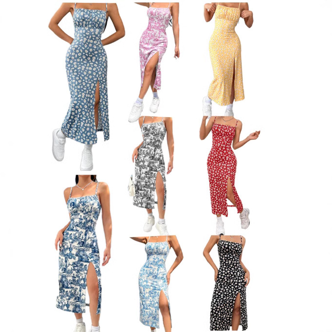 25 New Foreign Trade Styles Amazon Spring and Summer Spaghetti Strap Bustier Slit Daisy Blue and White Porcelain Series Bodycon Printed Dress