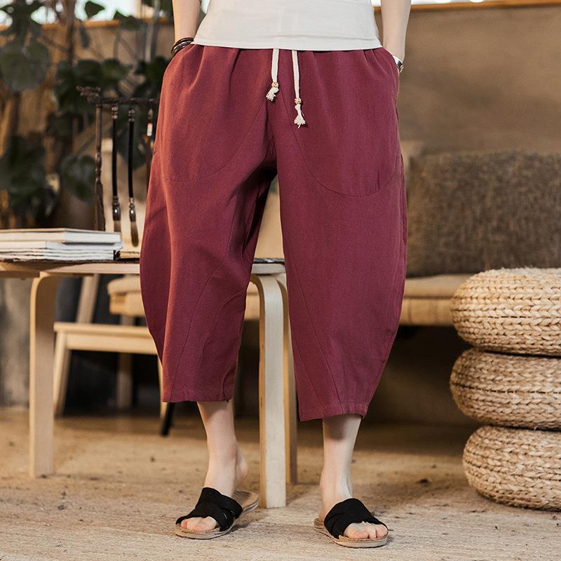 Pantalones cortos, pantalones cortos para hombre, pantalones de estilo chino, pantalones finos de lino de verano, pantalones anchos sueltos de algodón y lino, pantalones casuales de 7 puntos