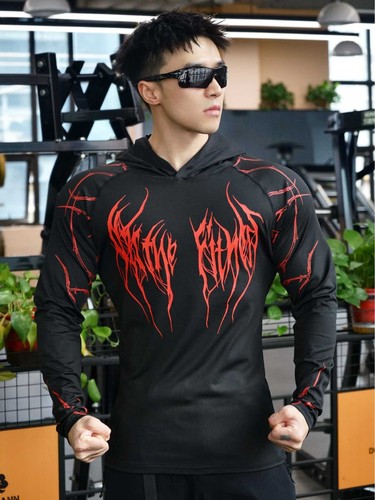 2025 Men's Sport Fitness Running Hooded Tight Fitting Gothic Pattern Print Quick Dry Long Sleeve Sweatshirt
