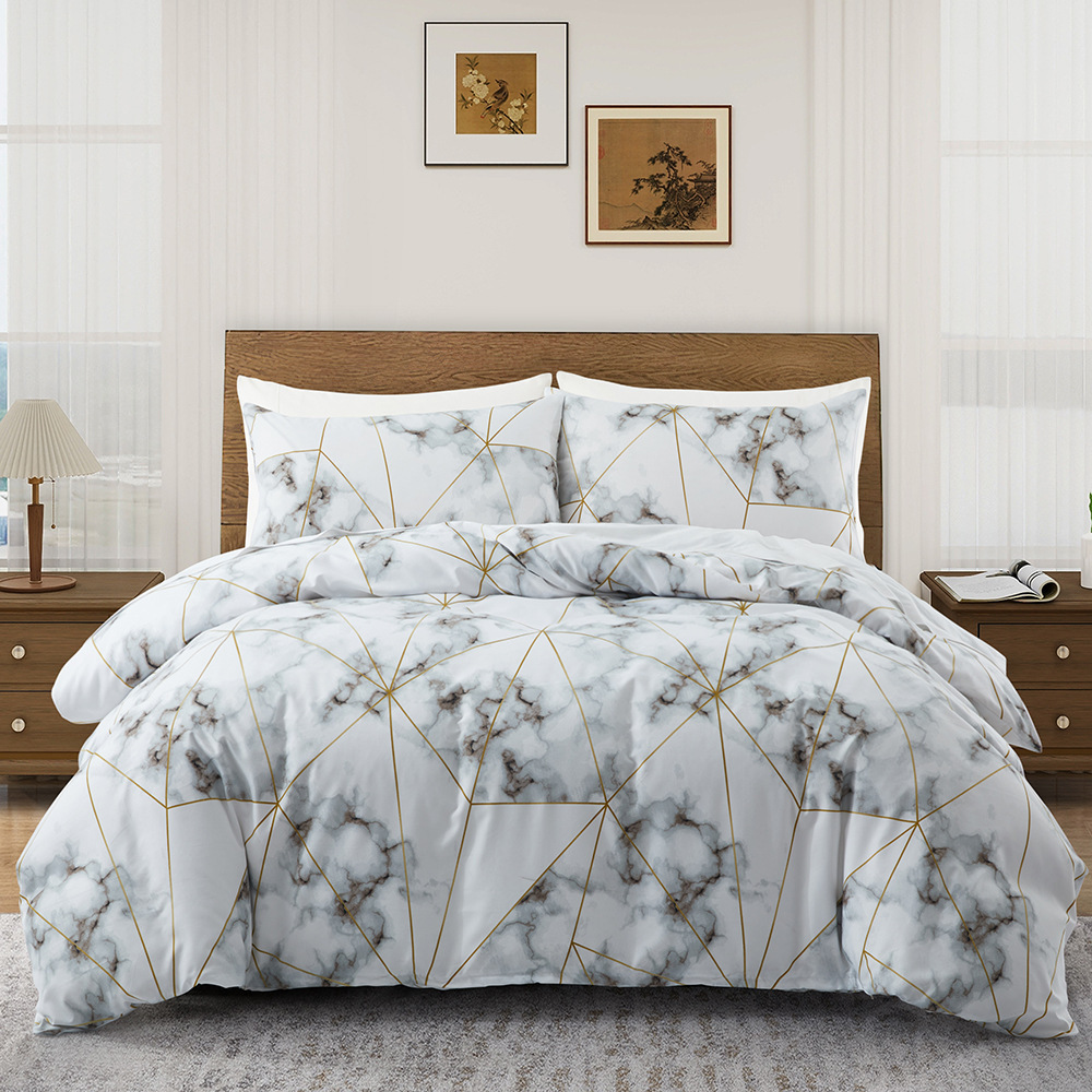 Conjunto de capa de edredom geométrico reversível em mármore – roupa de cama de 3 peças com tecido escovado premium (tamanhos EUA/UE/AU com impressão de tinta ativa)_voghion.com