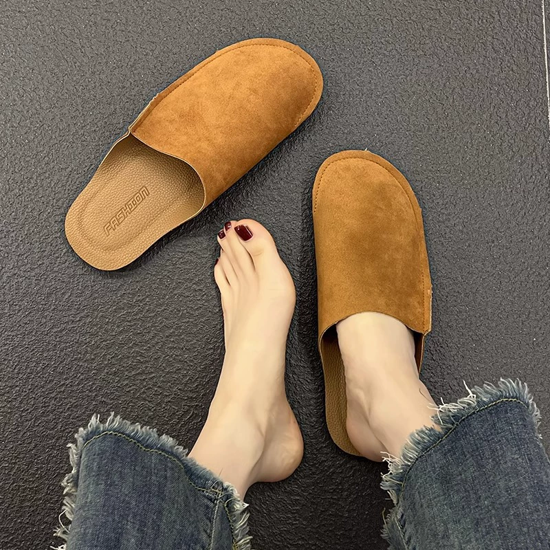 Шлифовальная пряжа половина тапочек женская оптом весна лето новая мягкая кожа ленивая обувь ретро плоская подошва холодные тапочки женщины