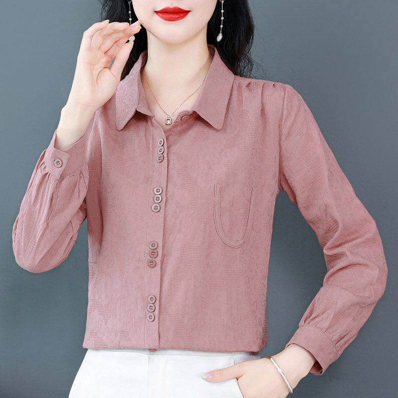 高端棉长袖衬衫女大码宽松洋气中年妈妈衬衣薄款外穿春秋上衣女|undefined