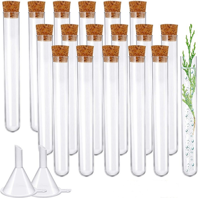 10MLPS de plástico transparente traje de combinación de tubo de ensayo con corcho diámetro exterior 15*100 con cepillo embudo Etiqueta de cuerda de algodón