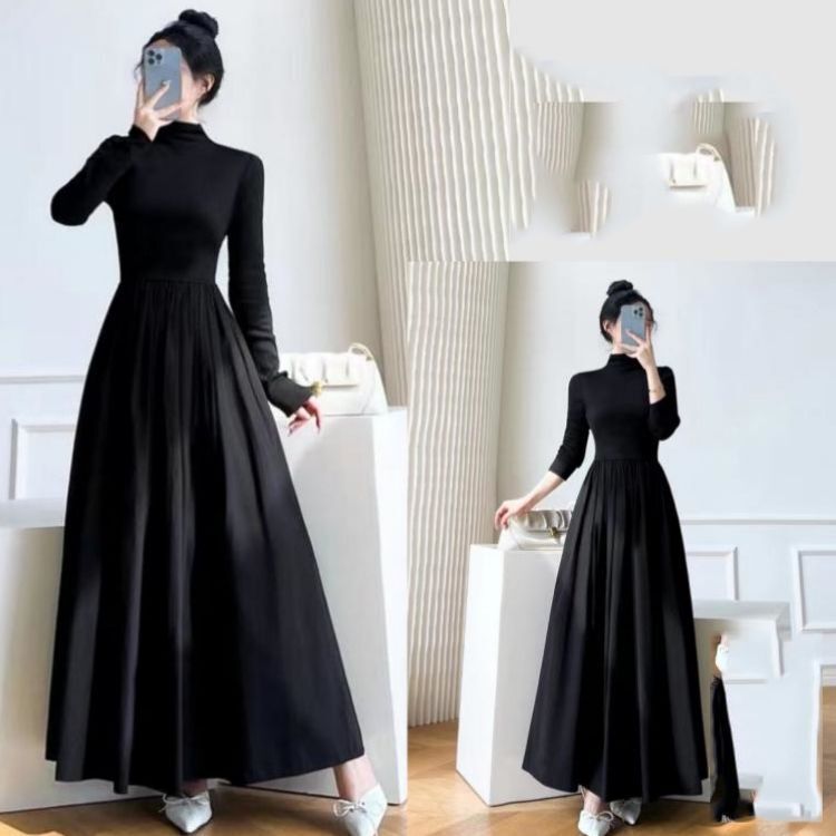 [270g cotton sanding] French half-high collar black dress women's autumn and winter waist slimming inner long skirt