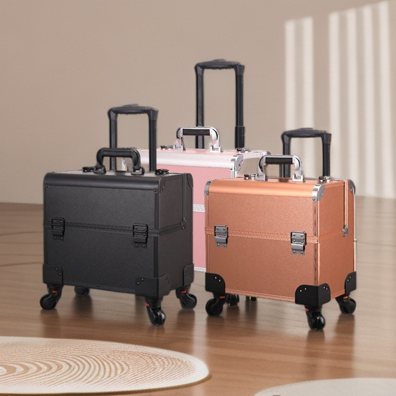 Caja de herramientas de maquillaje de barra de tracción profesional, caja de herramientas de bordado de uñas, peluquería, caja de herramientas de barra de tracción de rueda universal, gran capacidad de cejas