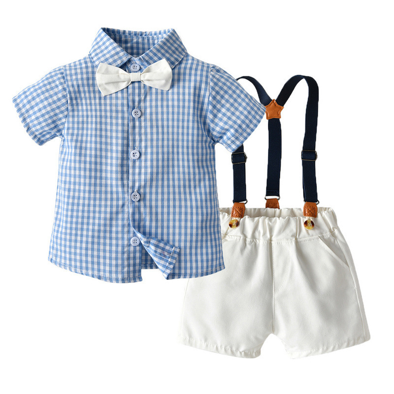 Summer New Small And Medium Boys Short-sleeved Plaid Shirt Straps Shorts Three-piece Girls Dress Two-piece
