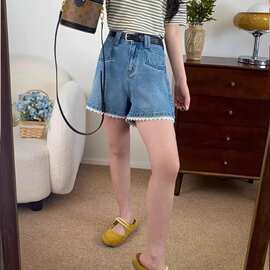 蓝色蕾丝花边高腰牛仔短裤女2026夏季新款休闲宽松显瘦阔腿a字裤